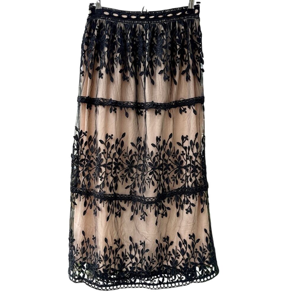 Polagram Black Lace Nude Tulle Maxi Skirt Floral Overlay- Size Small- Whimsigoth